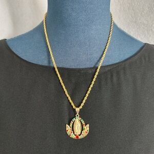Multi Color Crystal Virgin Mary Guadalupe Pendant Necklace Gold Plated Steel